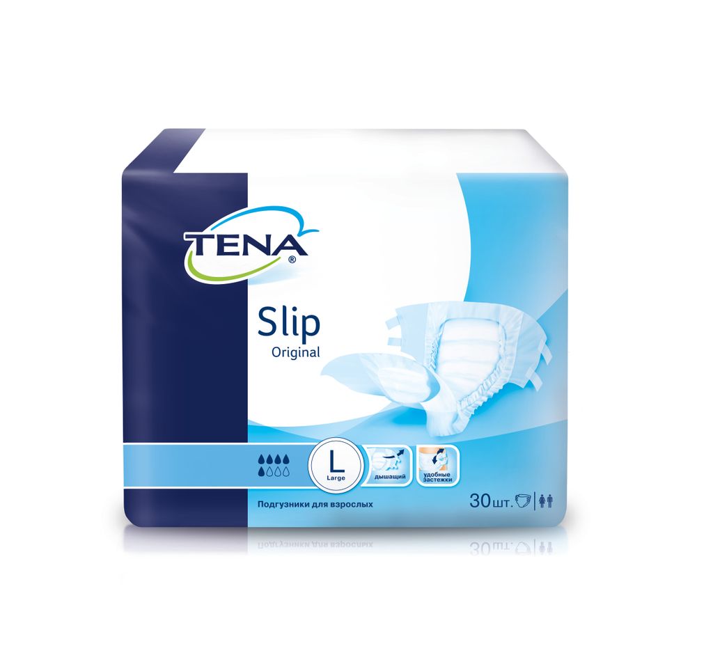 фото упаковки Подгузники для взрослых Tena Slip Original, Large L (3), 5 капель, 30 шт. фото упаковки Подгузники для взрослых Tena Slip Original