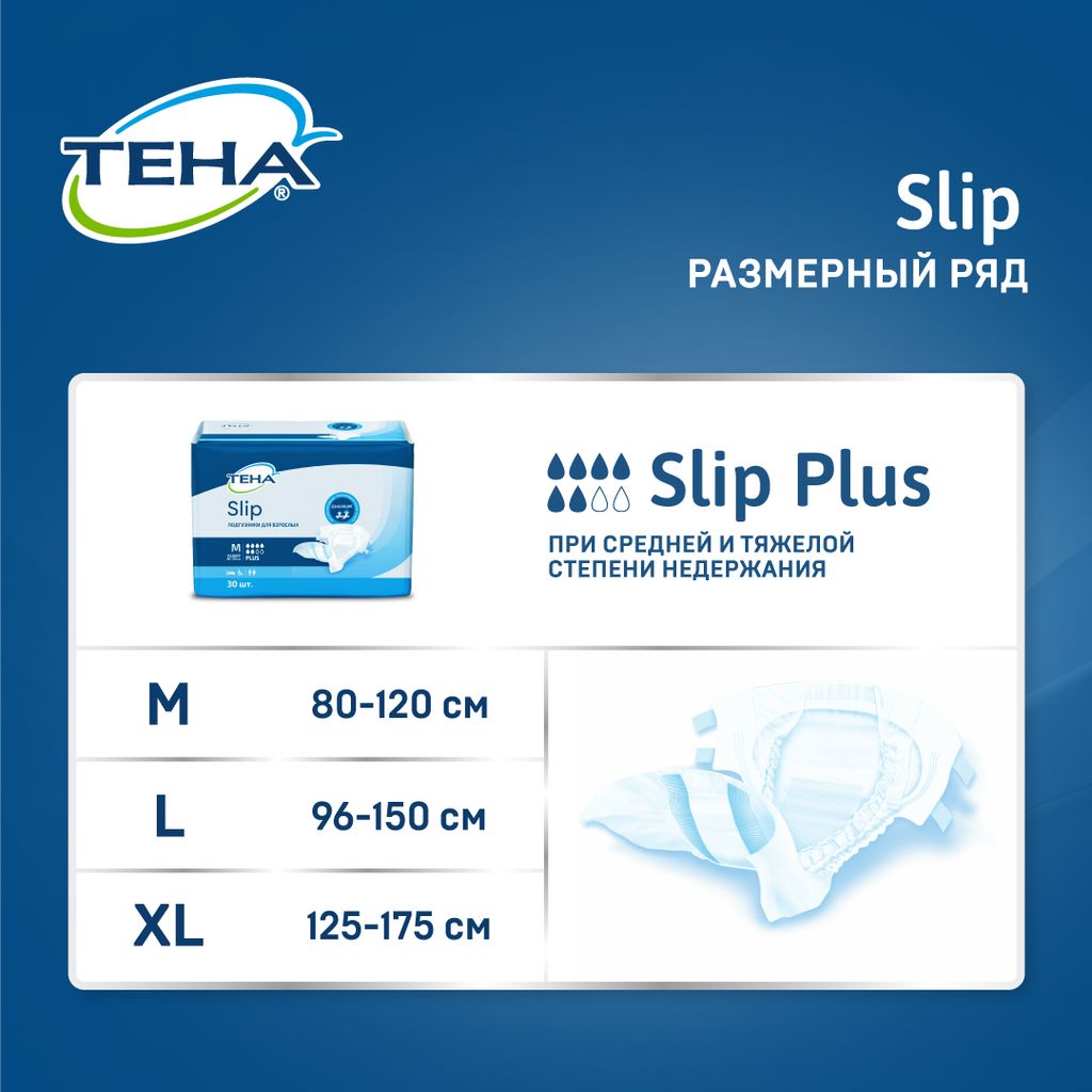 Подгузники для взрослых Тена Slip Plus, Medium M (2), Plus (6 капель), 30 шт.