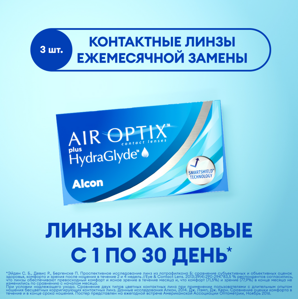 Alcon Air Optix Plus HydraGlyde Линзы контактные, BC=8,6 d=14,2, D(-5.00), 3 шт.