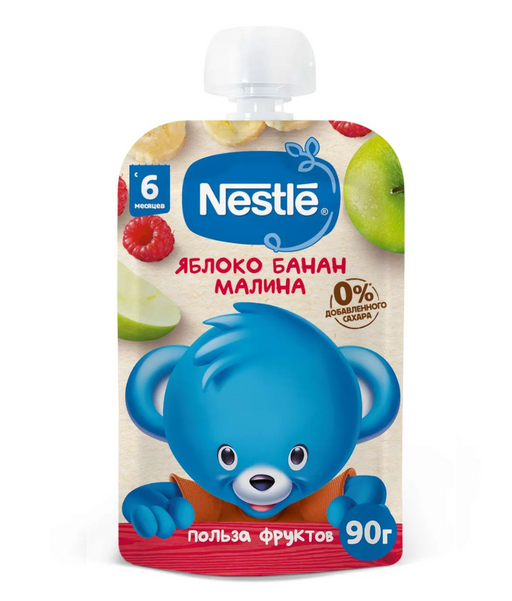 Nestle Фруктовое пюре Яблоко, банан и малина, для детей с 6 месяцев, пюре, 90 г, 1 шт.