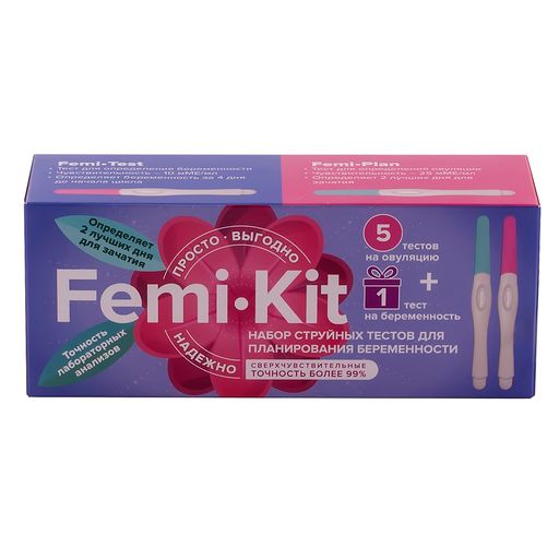 Femikit набор струйных тестов для определения овуляции и беременности, набор, 5шт + 1шт, 6 шт.