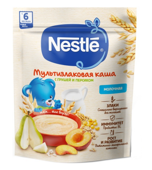 Nestle Каша молочная мультизлаковая, для детей с 6 месяцев, каша детская молочная, с грушей и персиком, 200 г, 1 шт.
