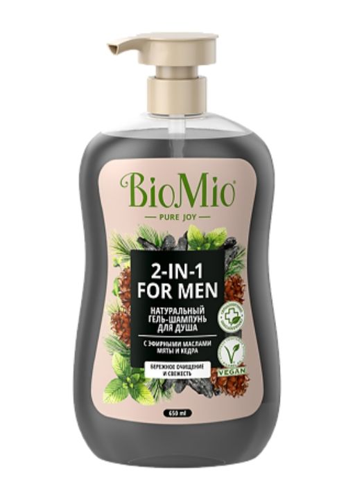 BioMio Натуральный гель-шампунь для душа 2 в 1, гель-шампунь для мужчин, с эфирными маслами мяты и кедра, 650 мл, 1 шт.